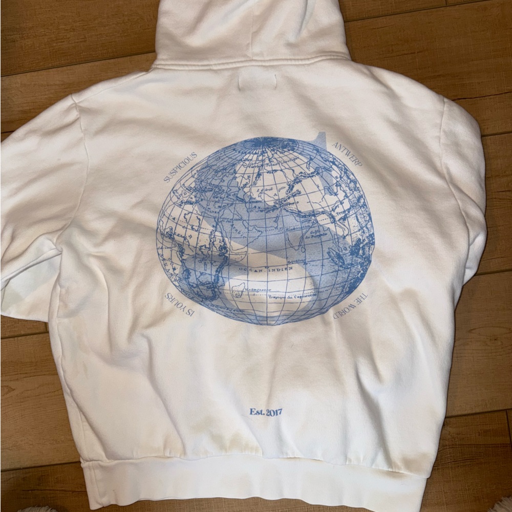 Suspicious Antwerp Hoodie Medium White with Blue World Map
 LIMITED EDITION DROP